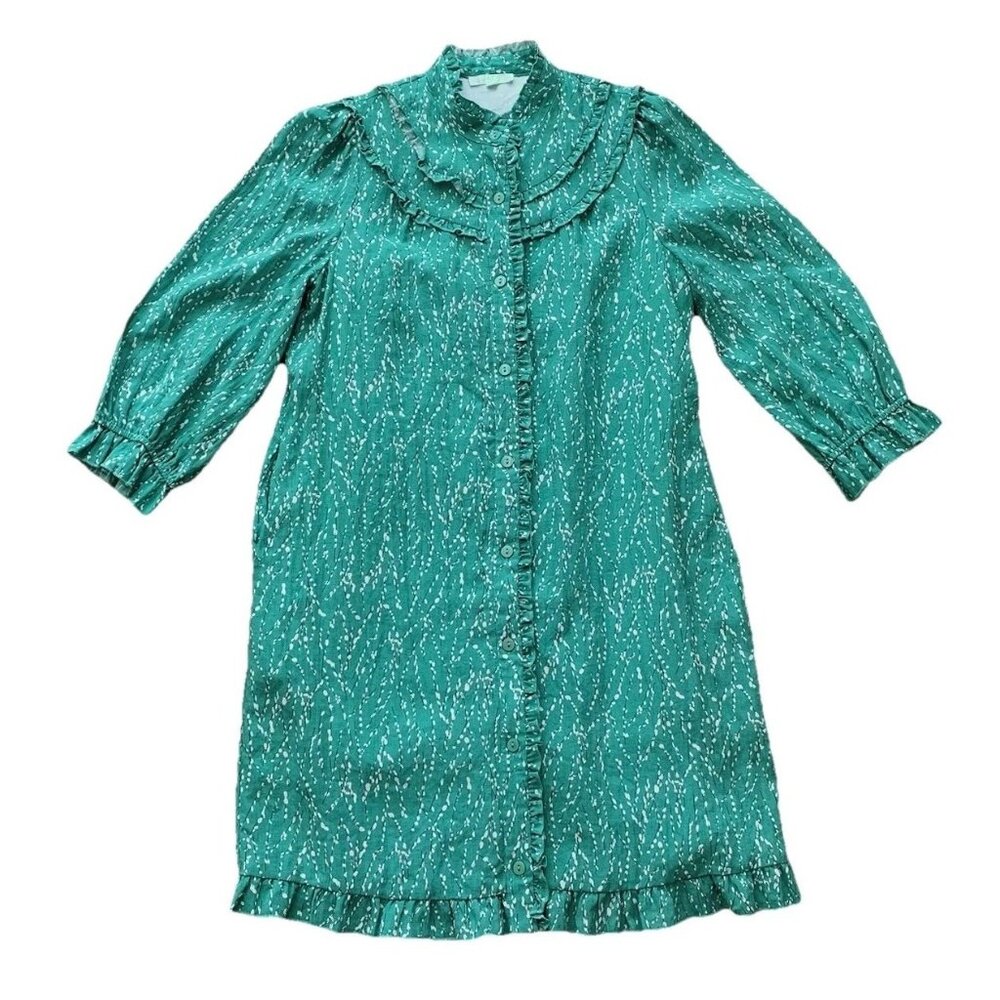 Jade Melody Tam Women’s Small Green Button Shift Dress Ruffle Collar 3/4 Sleeve